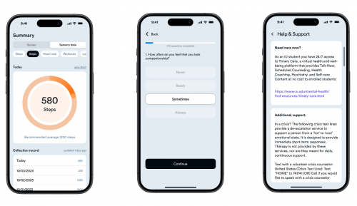 Interface of a mobile app displaying sensor data, user profile and resource information.