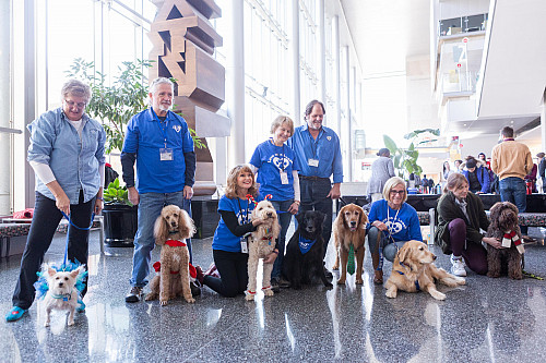 Love on a Leash volunteers stand with their dogs for a group photo during a Paws and Relax event. 