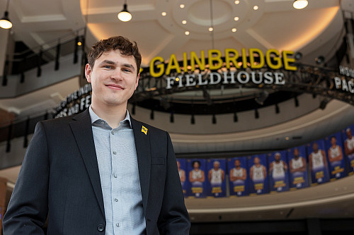 Willy Whatley, a recent graduate of IUPUI, poses for a portrait at Gainbridge Fieldhouse in downtown Indianapolis. The photo was taken on...