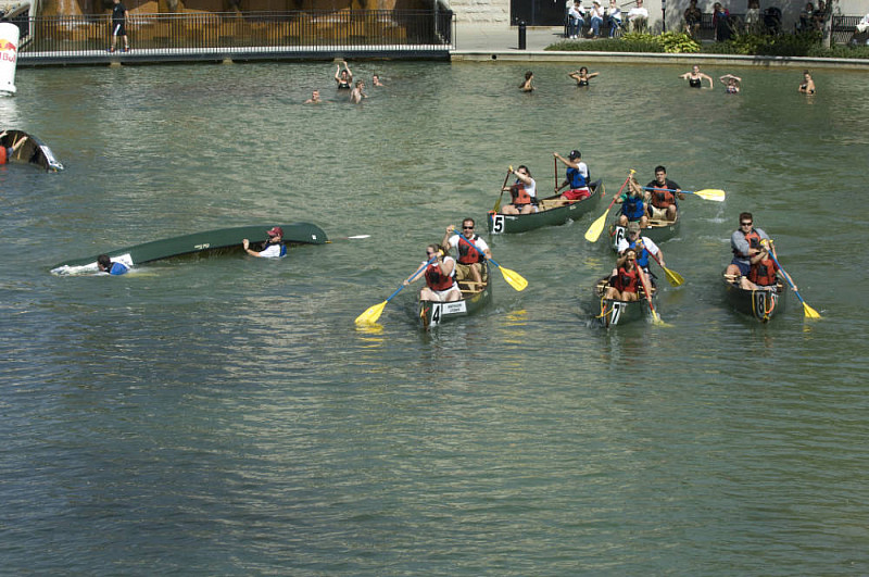 The original competition format had eight canoes race at the same time in their heat. Now, the race is done one at a time based on times. 